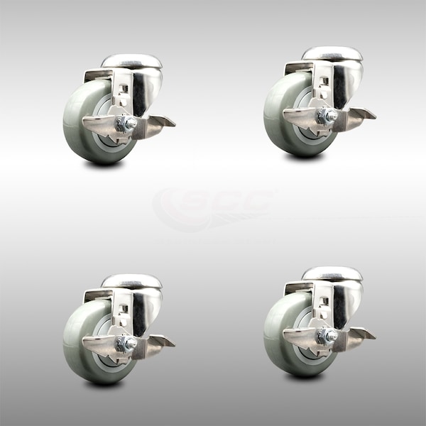 3 Inch 316SS Gray Polyurethane Wheel Swivel Bolt Hole Caster Set with Brake SCC